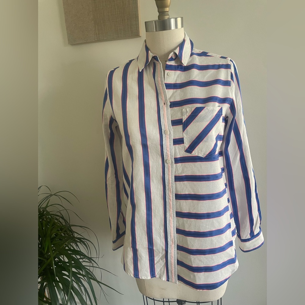 Blue , White and Hot Pink Striped with Button Up Shirt